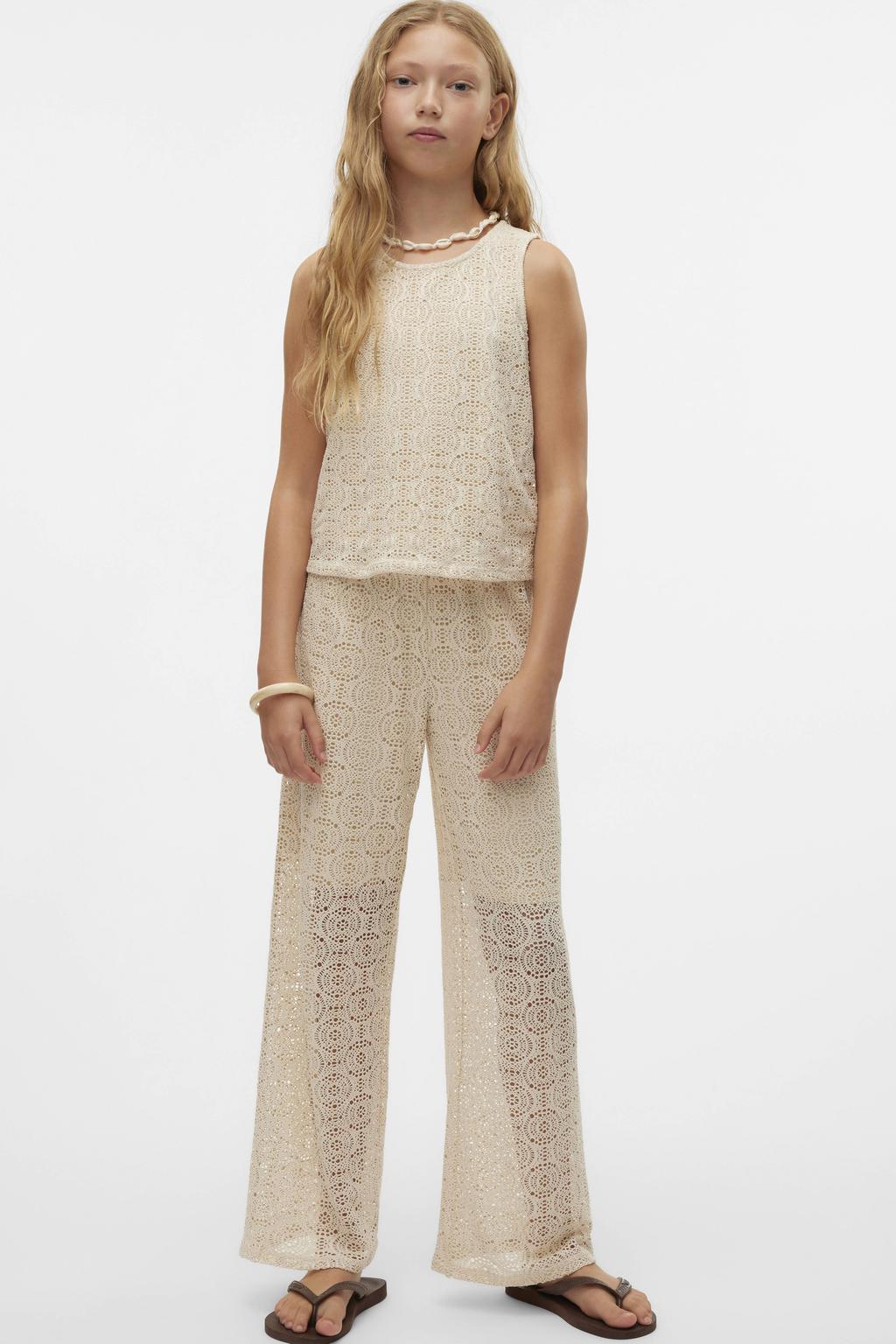Ecru meisjes VERO MODA GIRL wide leg casual broek gebreid met effen