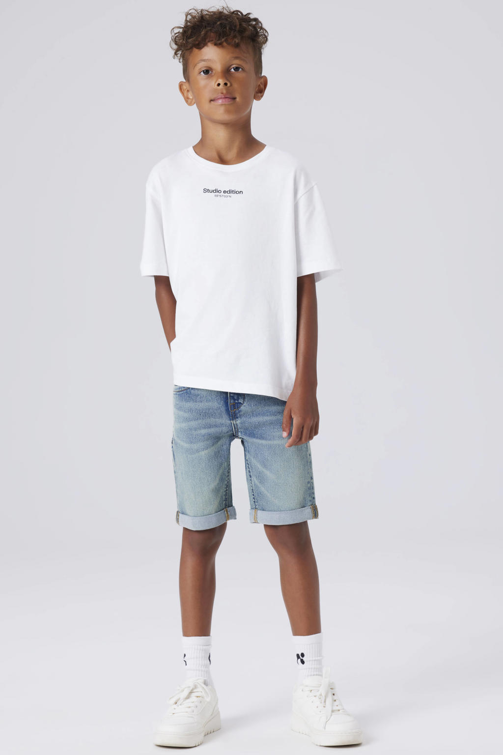 Medium blue denim jongens NAME IT slim short vintage van stretchkatoen met regular waist en effen