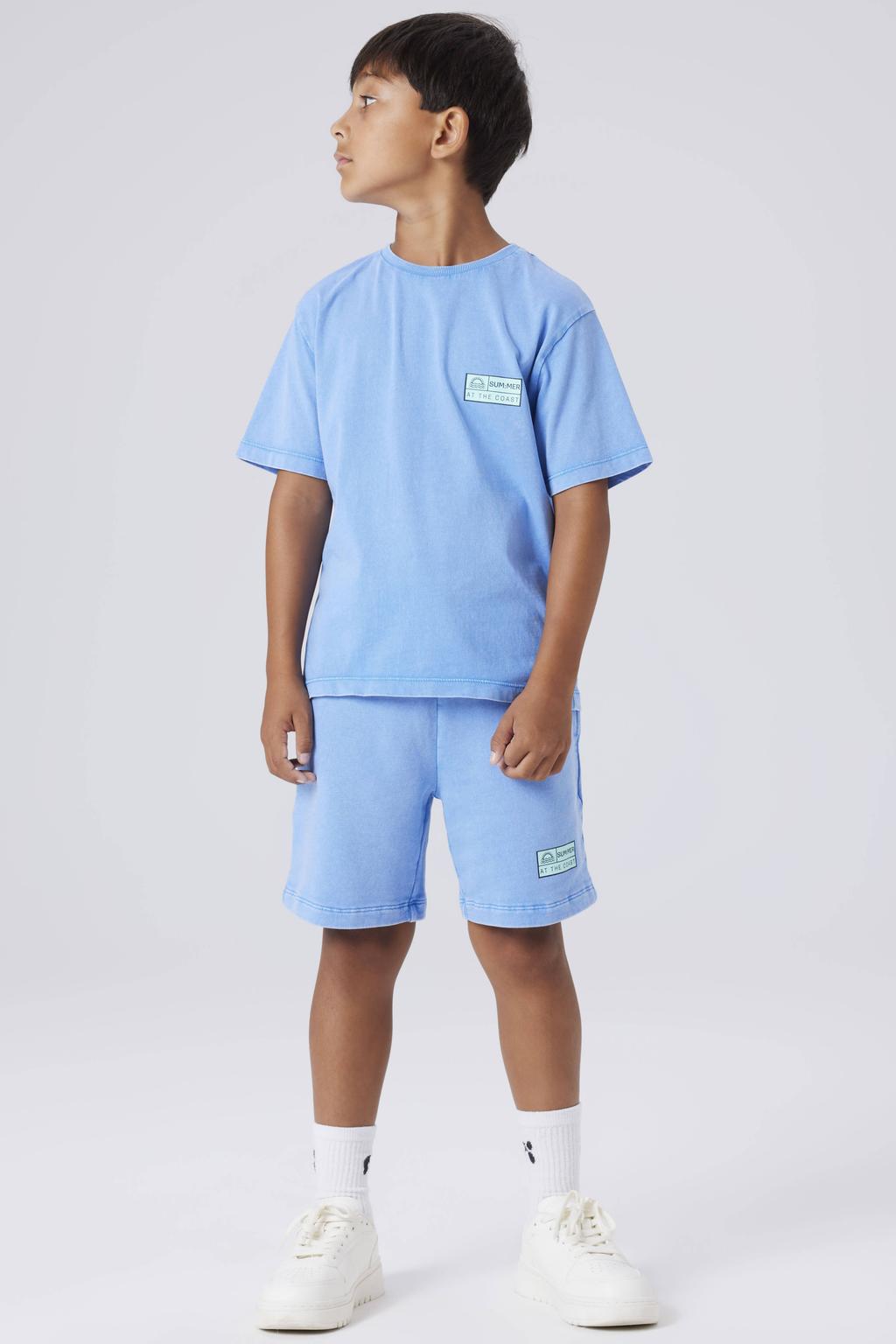 Lichtblauwe jongens NAME IT KIDS regular sweatshort met elastische tailleband met koord en effen