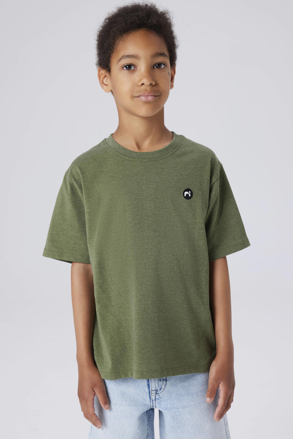 Donkergroene jongens NAME IT KIDS T-shirt van katoen met effen, korte mouwen en ronde hals