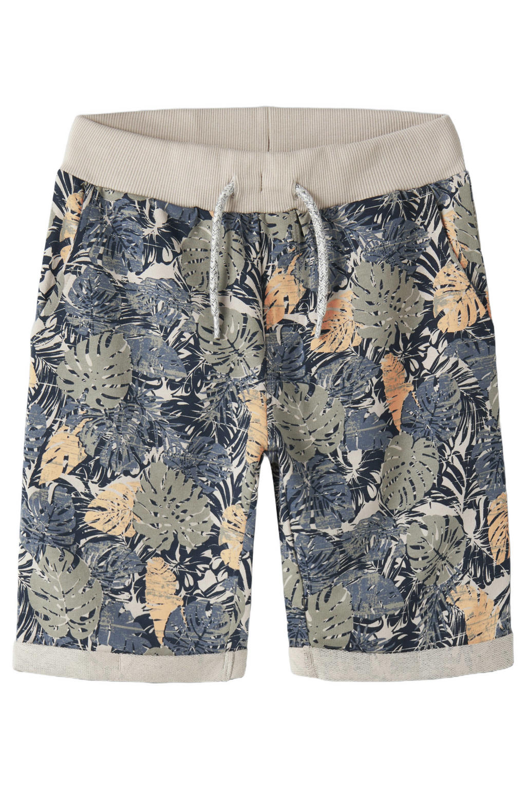 Multikleurige jongens NAME IT KIDS regular sweatshort greige van katoen met elastische tailleband met koord en bladprint