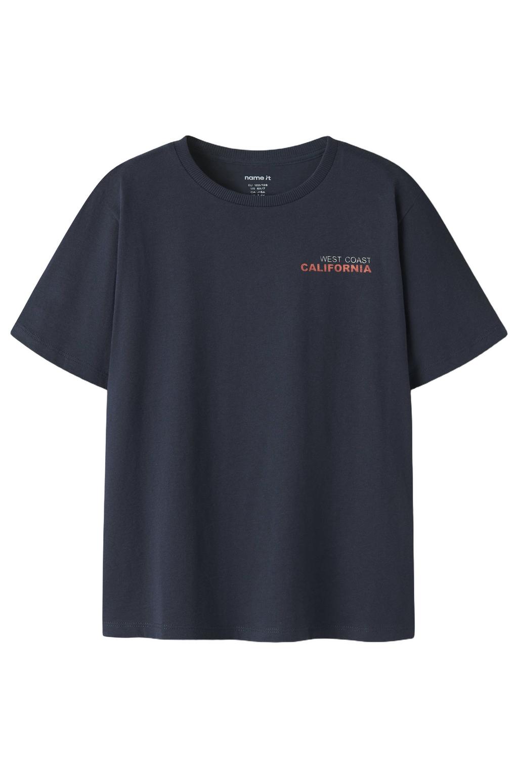 Donkerblauwe jongens NAME IT KIDS T-shirt van katoen met backprint, korte mouwen en ronde hals