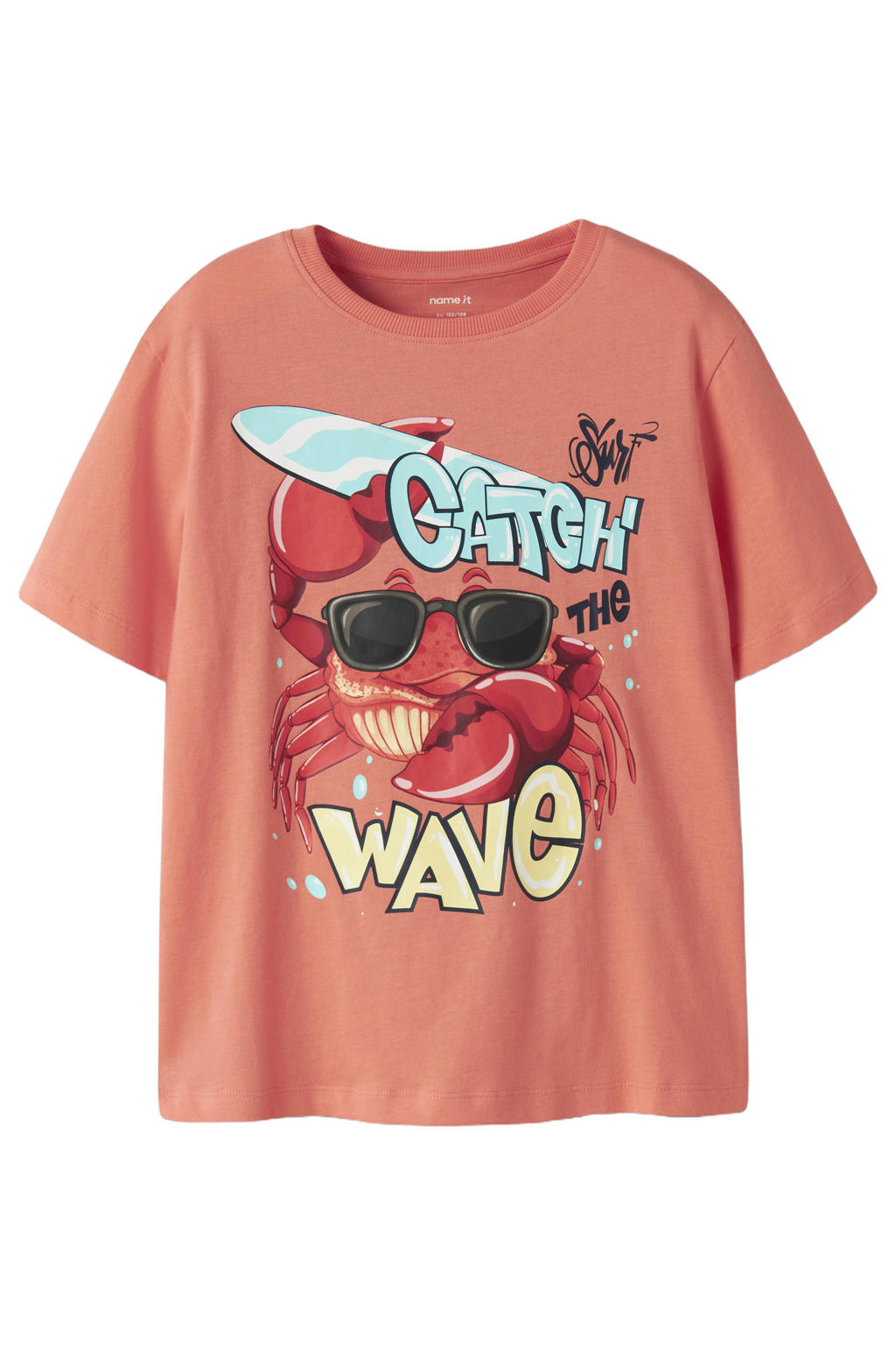 Oranje jongens NAME IT KIDS T-shirt van katoen met printopdruk, korte mouwen en ronde hals