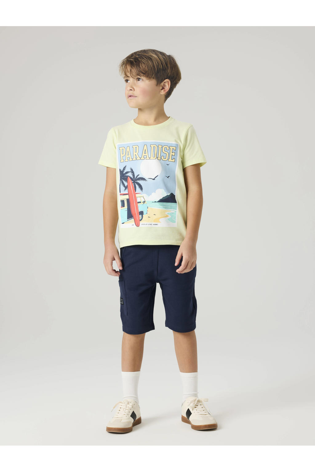 Lichtgele jongens NAME IT KIDS T-shirt van stretchkatoen met printopdruk, korte mouwen en ronde hals