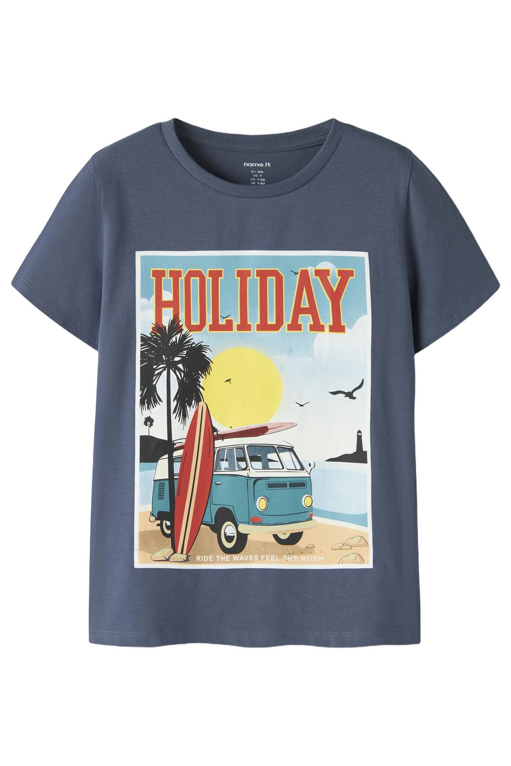 Donkerblauwe jongens NAME IT KIDS T-shirt van stretchkatoen met printopdruk, korte mouwen en ronde hals