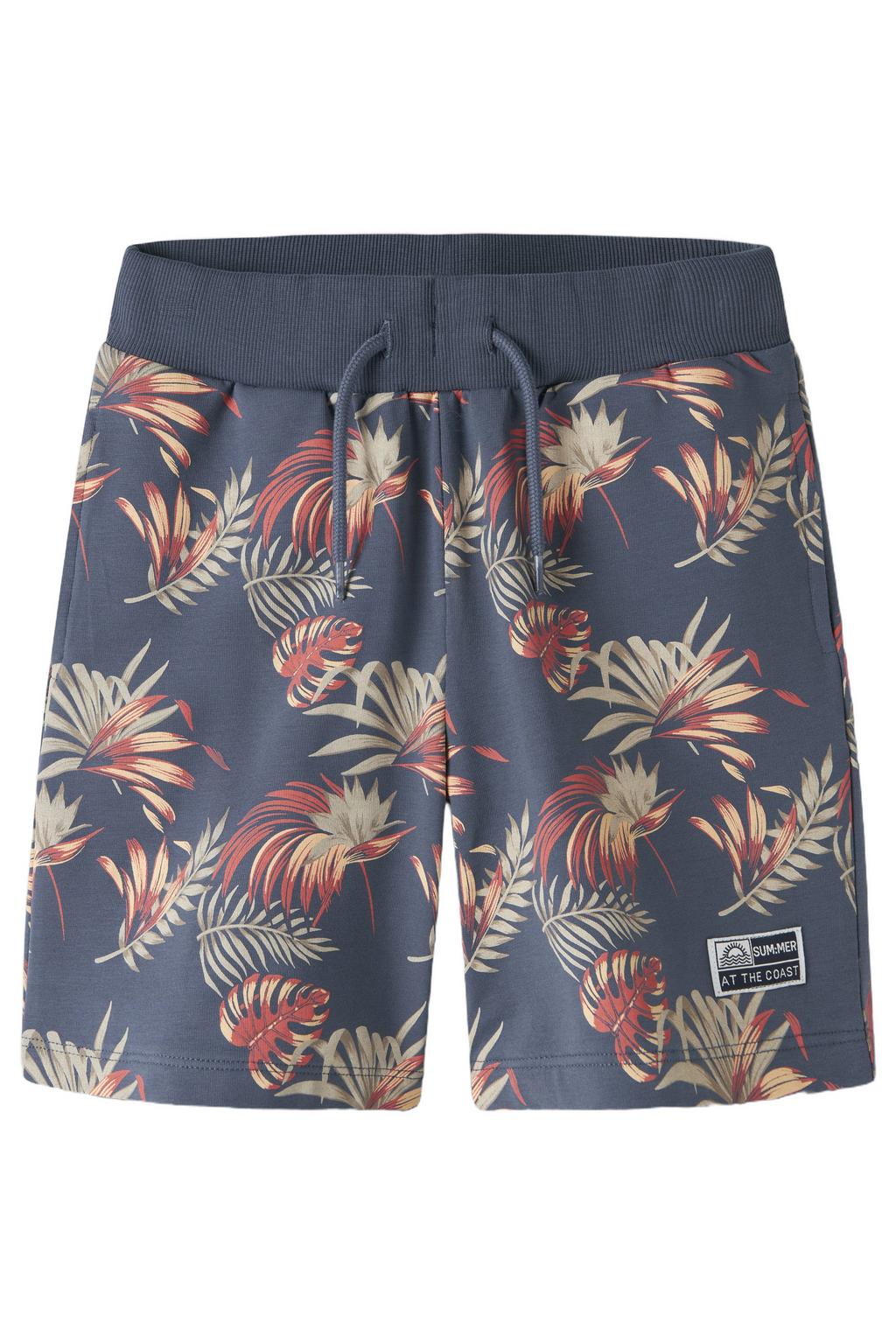 Blauwe jongens NAME IT KIDS regular sweatshort met trekkoorden en bladprint
