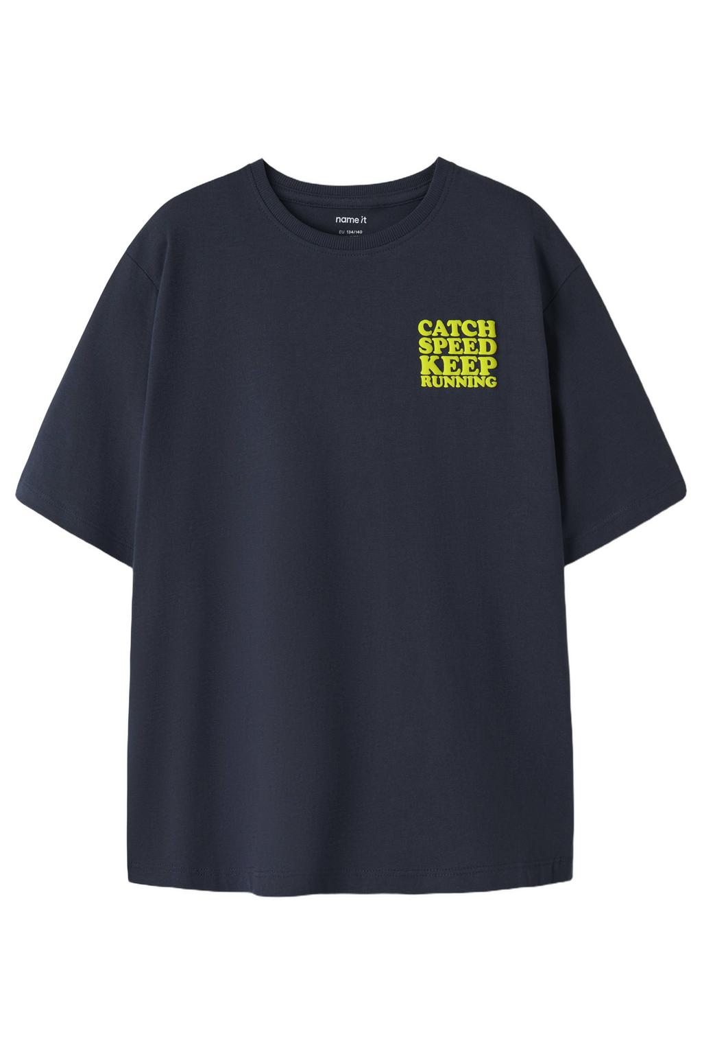 Donkerblauwe jongens NAME IT KIDS T-shirt van katoen met tekst print, korte mouwen en ronde hals