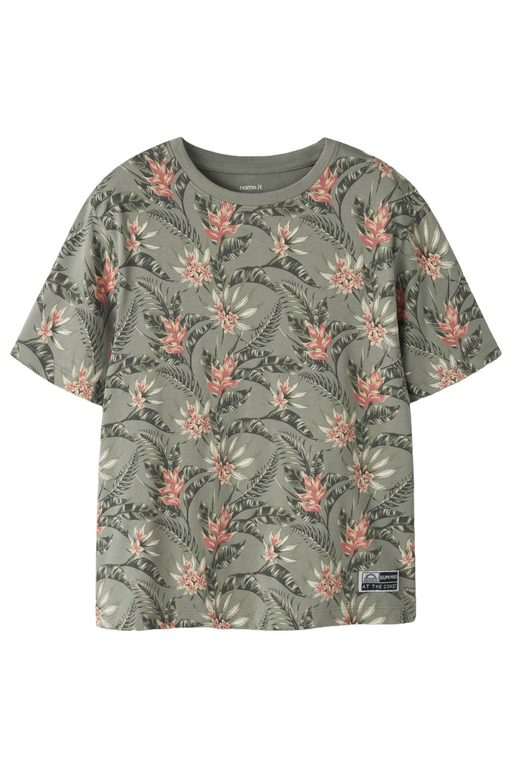 Groene jongens NAME IT KIDS gebloemde T-shirt van stretchkatoen met korte mouwen en ronde hals