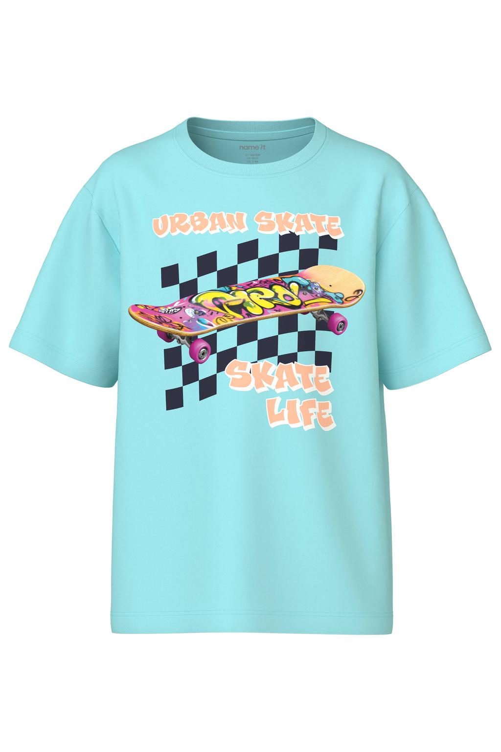 Blauwe jongens NAME IT KIDS T-shirt blauw van katoen met printopdruk, korte mouwen en ronde hals