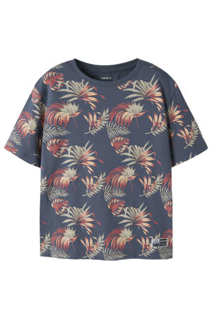 gebloemde T-shirt donkerblauw