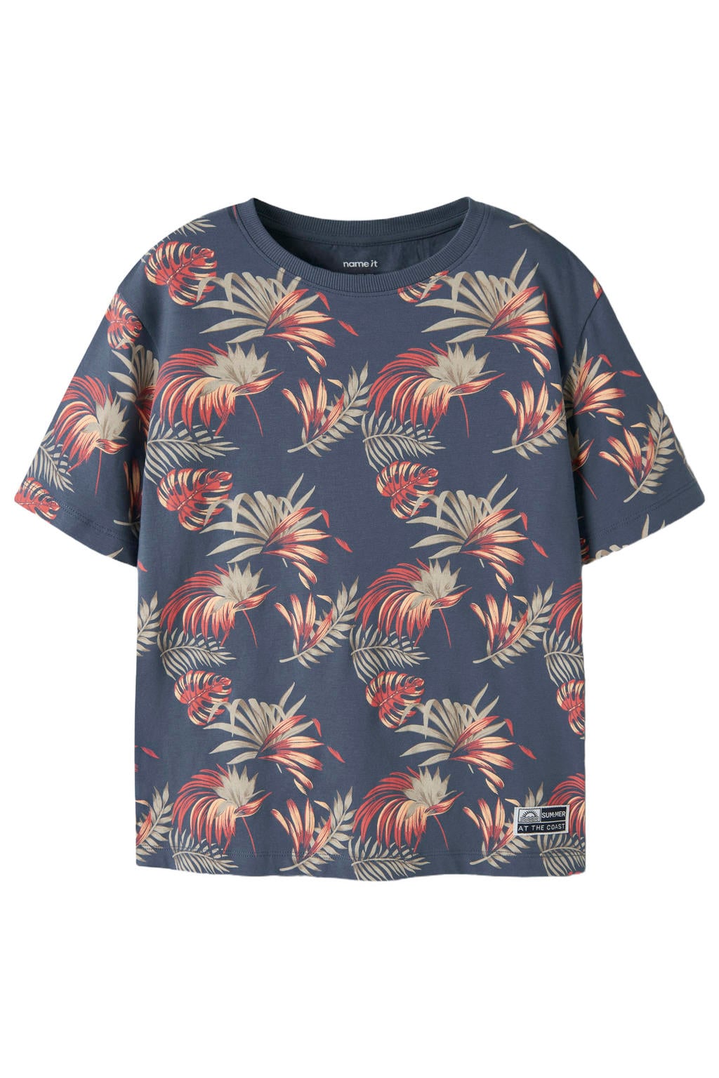 Donkerblauwe jongens NAME IT KIDS gebloemde T-shirt van stretchkatoen met korte mouwen en ronde hals