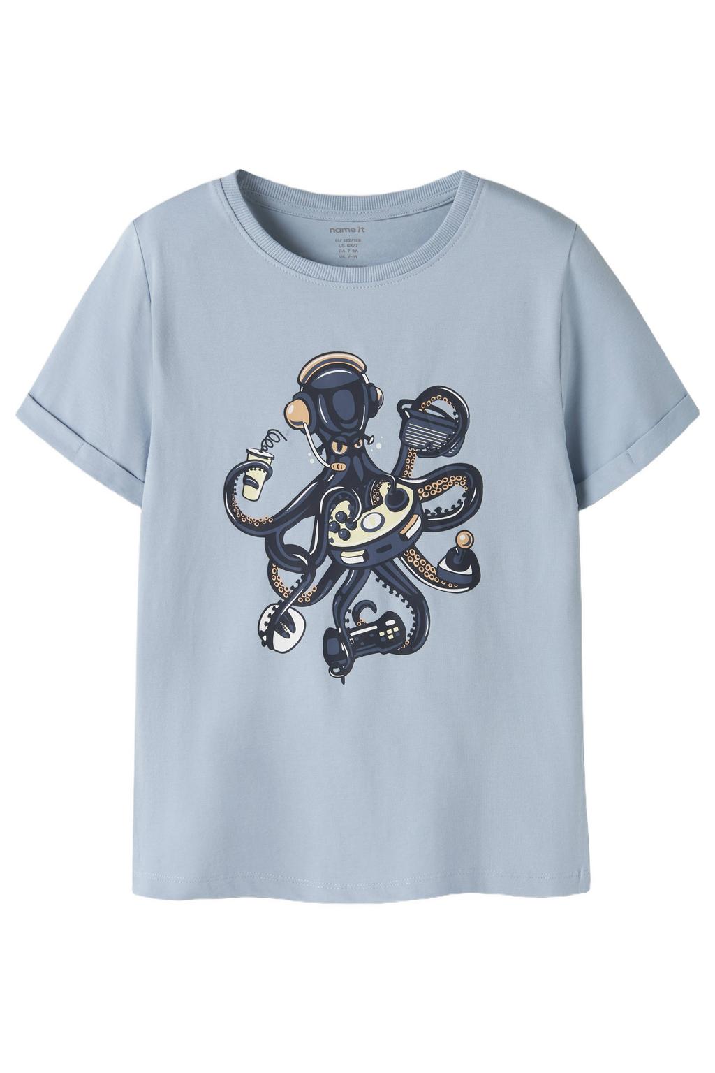 Lichtblauwe jongens NAME IT KIDS T-shirt van stretchkatoen met printopdruk, korte mouwen en ronde hals