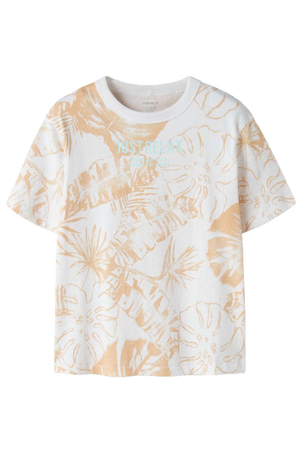 Witte jongens NAME IT KIDS T-shirt van katoen met bladprint, korte mouwen en ronde hals