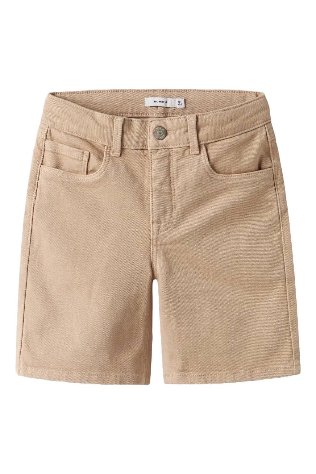 Zandkleurige jongens NAME IT KIDS regular bermuda short van stretchkatoen met rits- en haaksluiting en effen