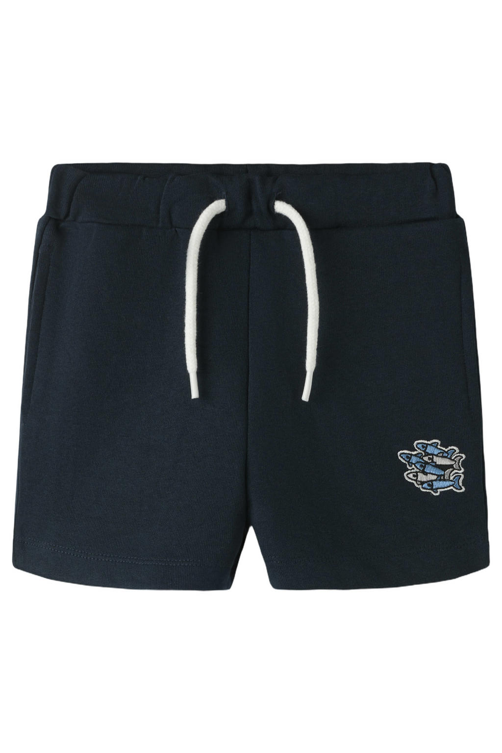 Donkerblauwe jongens NAME IT MINI regular sweatshort met elastische tailleband met koord en printopdruk