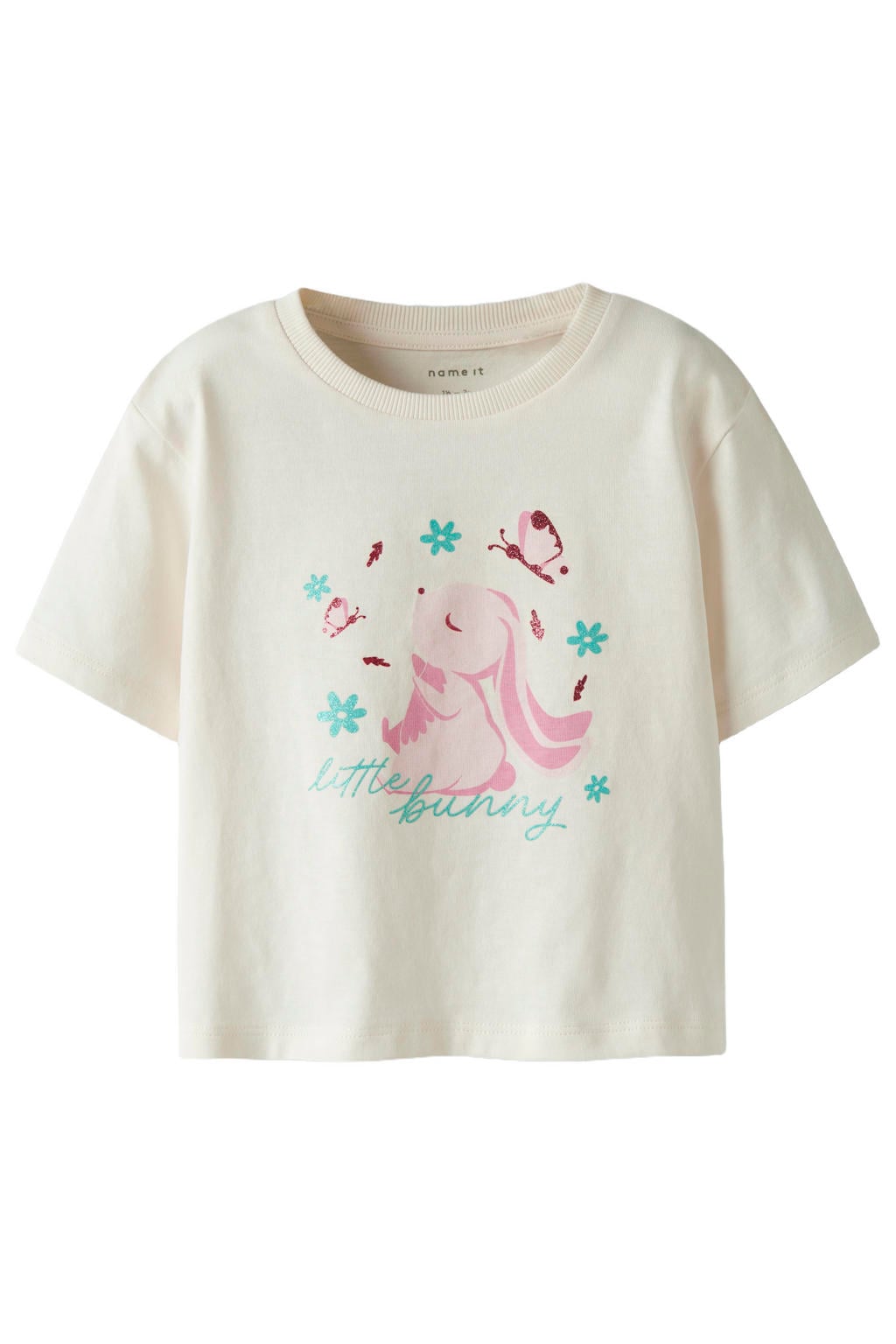 Lichtgele meisjes NAME IT MINI T-shirt van katoen met printopdruk, korte mouwen en ronde hals