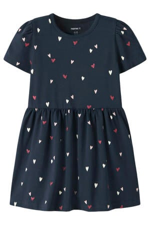 midi jurk met hartjes donkerblauw
