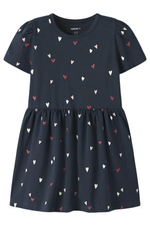 midi jurk met hartjes donkerblauw