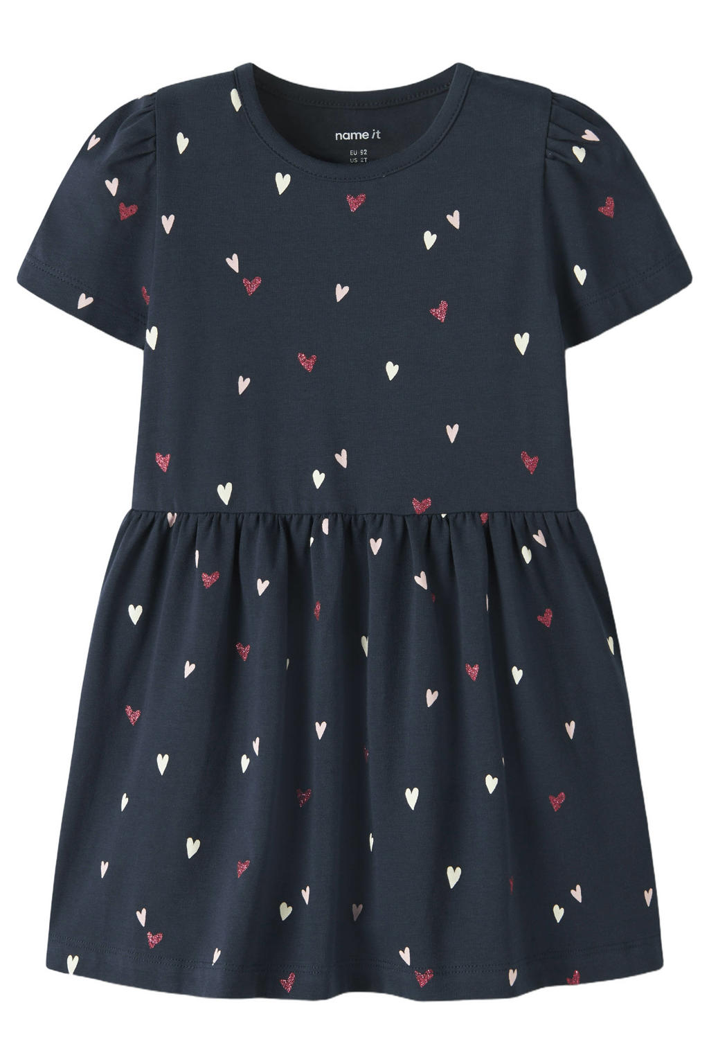Donkerblauwe meisjes NAME IT MINI midi jurk van stretchkatoen met hartjesprint, korte mouwen en ronde hals