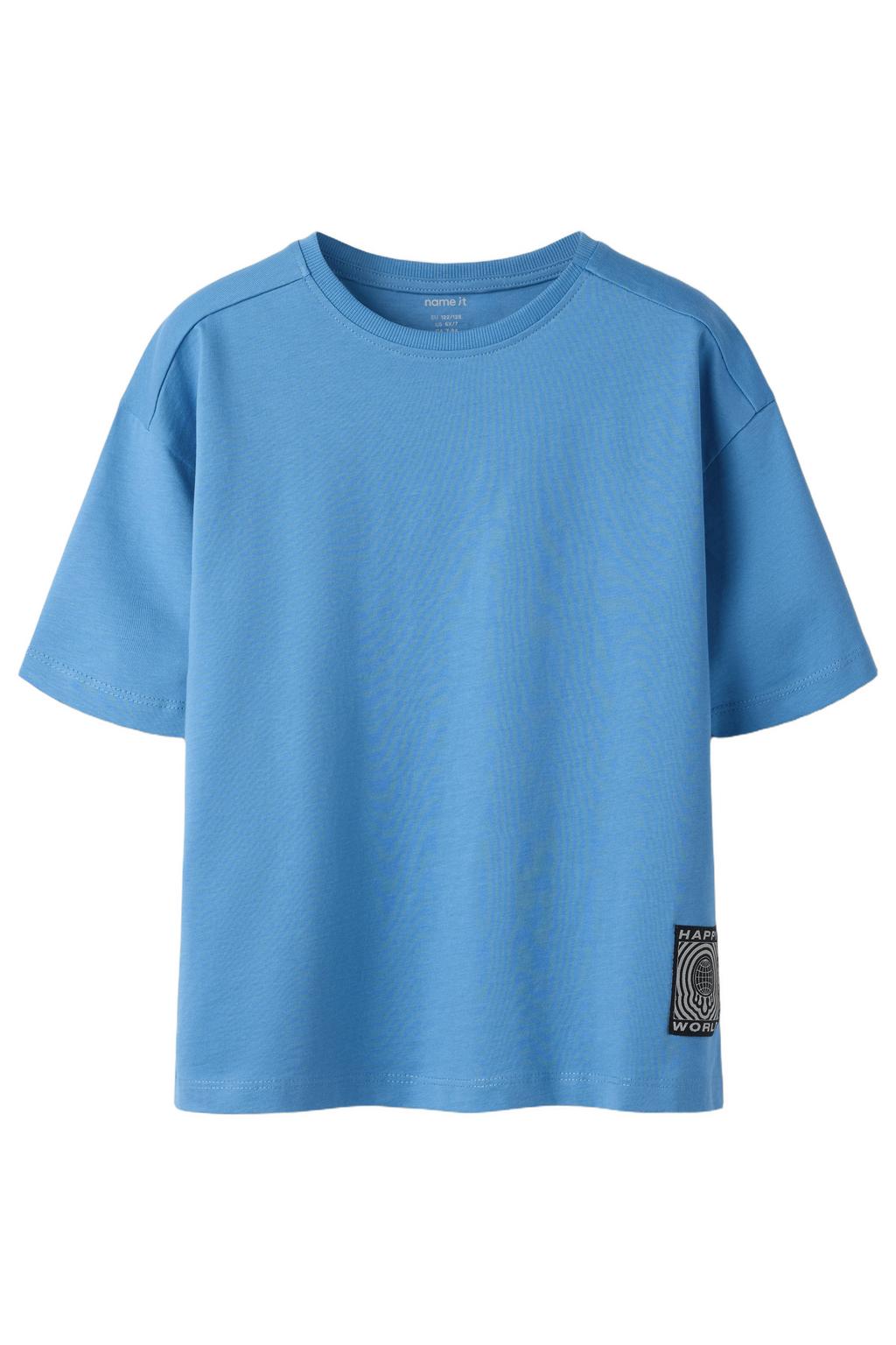 Blauwe jongens NAME IT KIDS T-shirt van katoen met printopdruk, korte mouwen en ronde hals