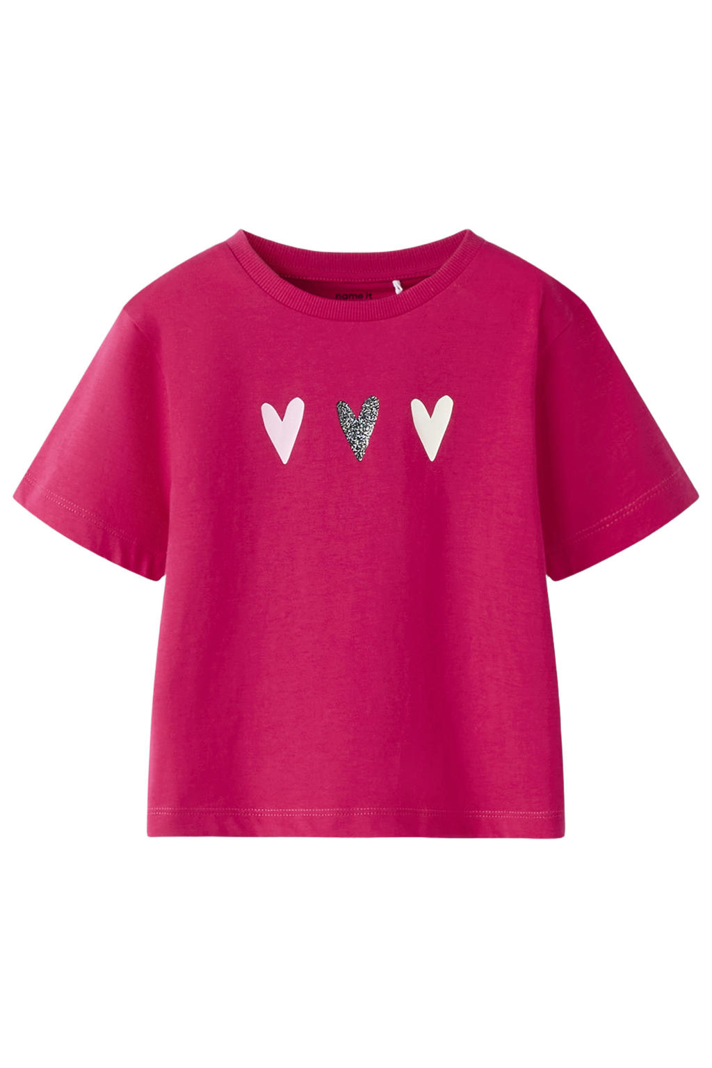 Fuchsia meisjes NAME IT MINI T-shirt van katoen met printopdruk, korte mouwen en ronde hals