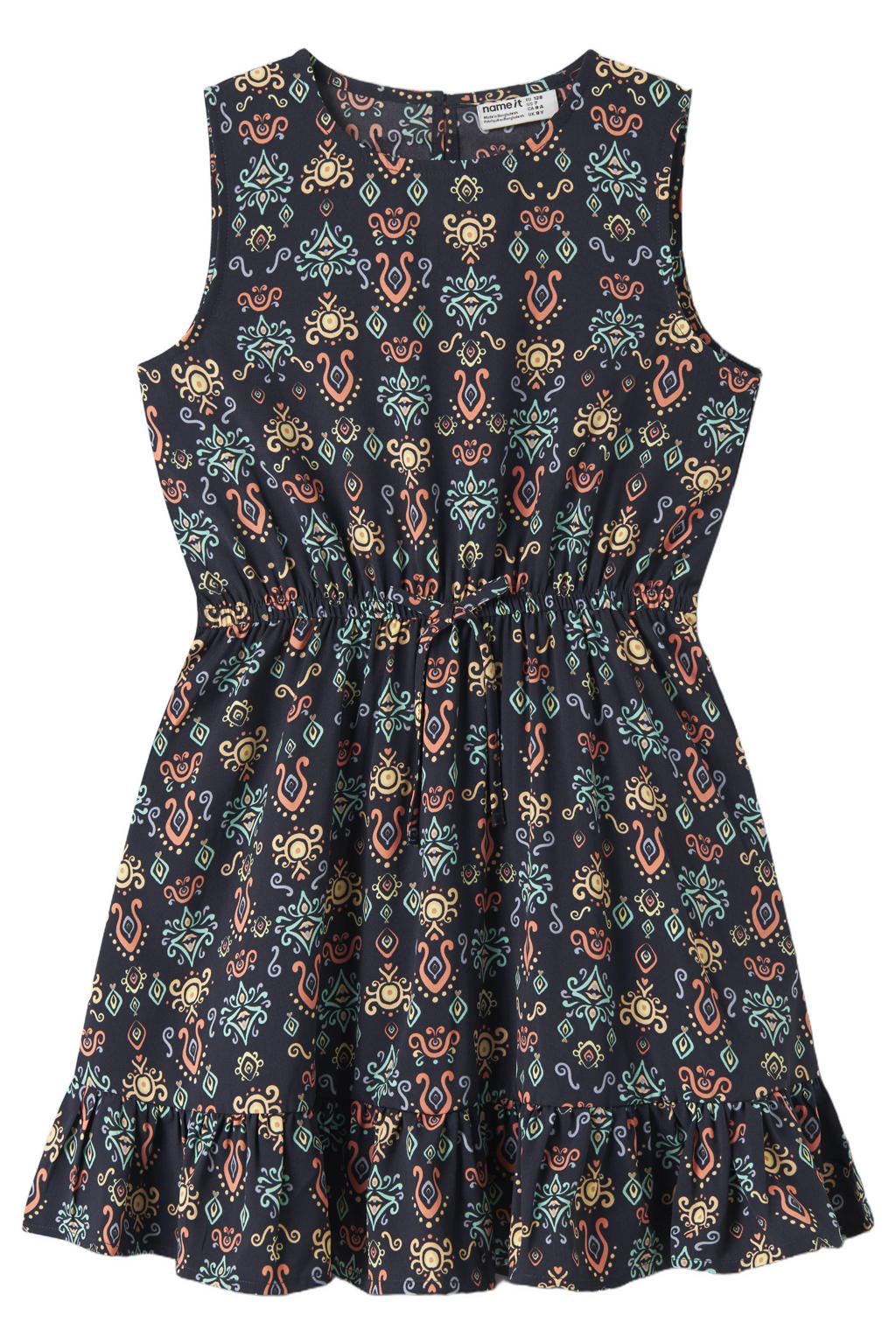 Donkerblauw en multikleurige meisjes NAME IT KIDS midi jurk van polyester met ronde hals, striksluiting en volant