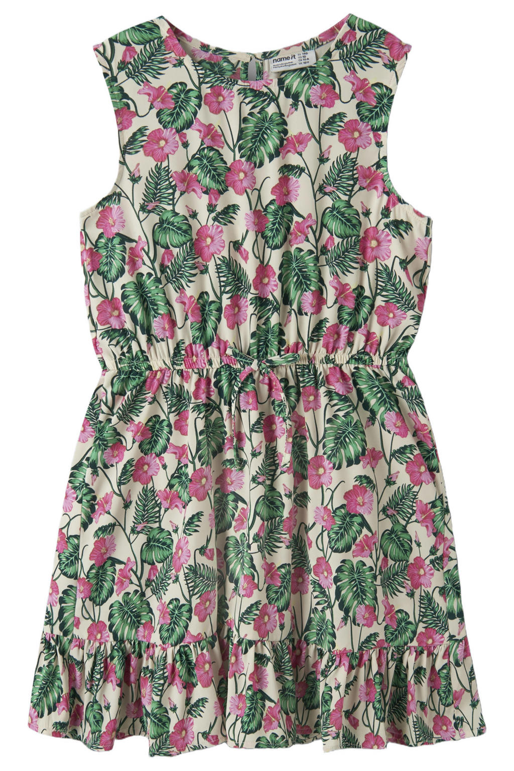Beige, roze en groene meisjes NAME IT KIDS midi jurk van polyester met ronde hals, striksluiting en volant