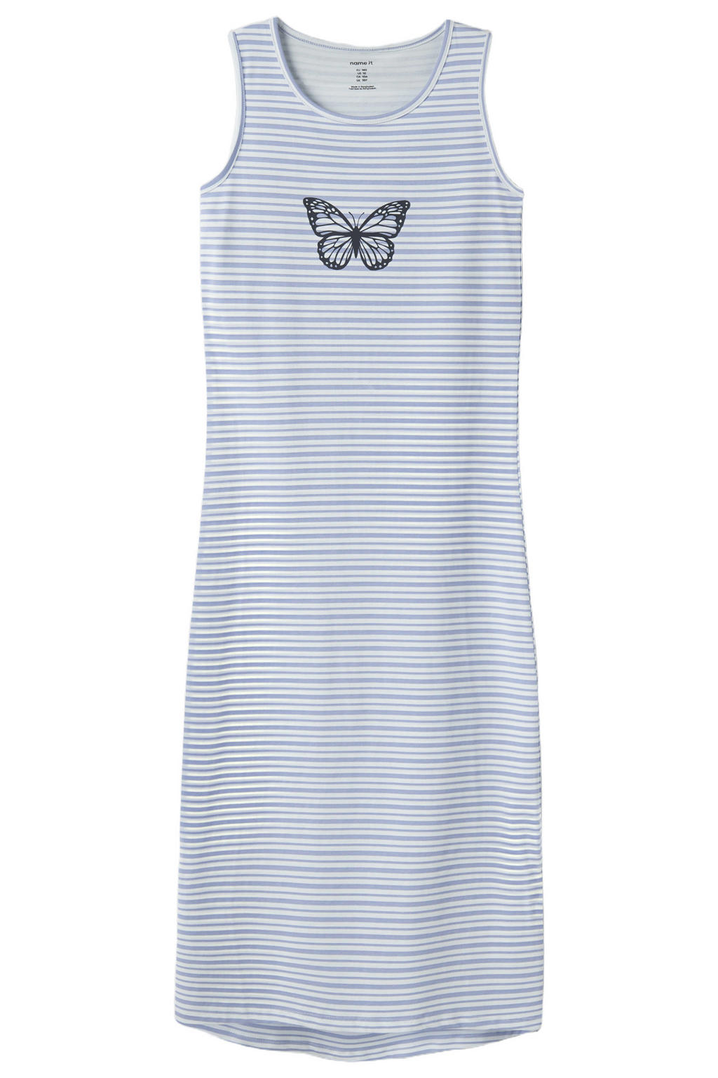 Lichtblauw en witte meisjes NAME IT KIDS maxi jurk van stretchkatoen met ronde hals