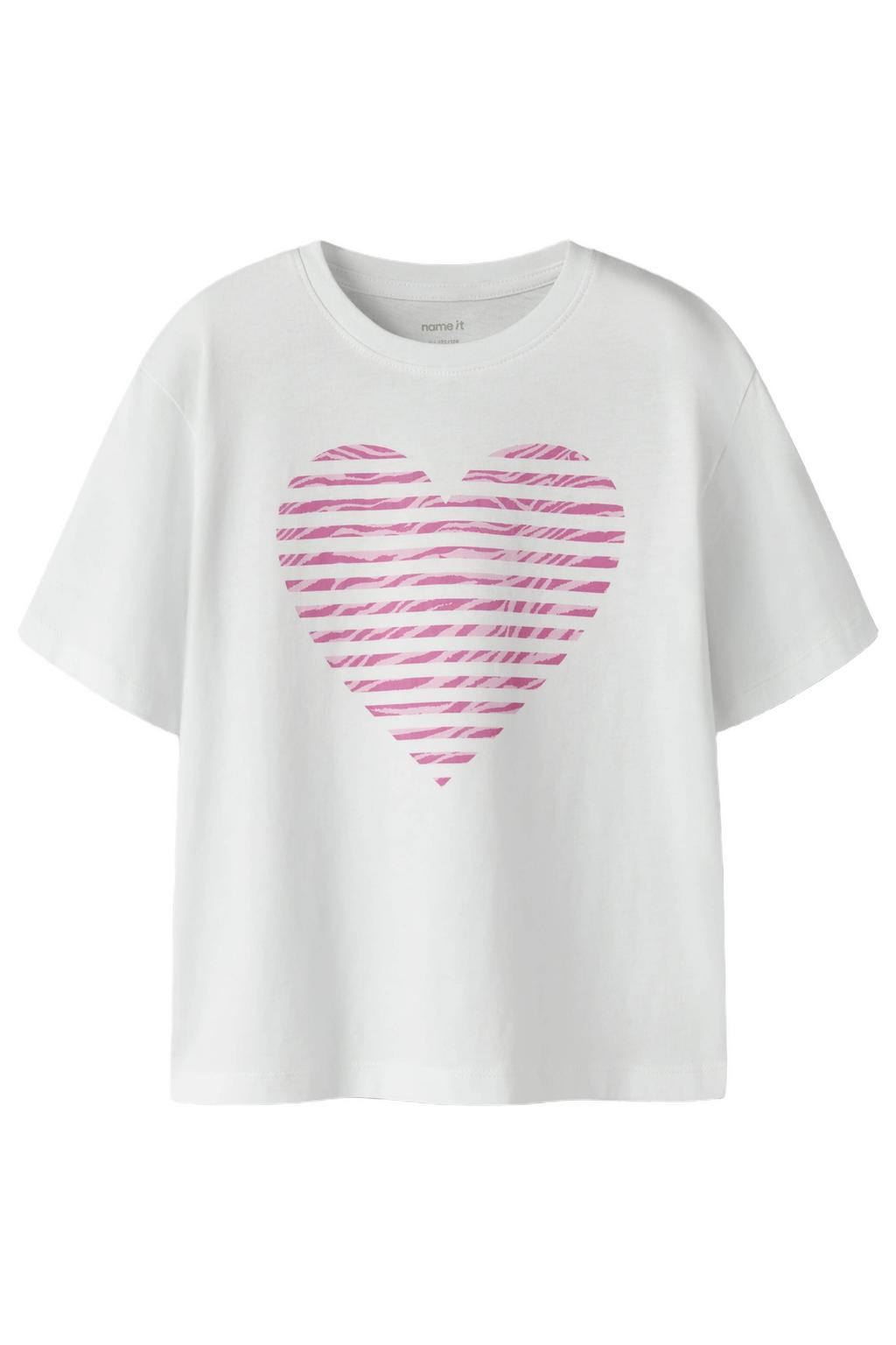 Wit en roze meisjes NAME IT KIDS T-shirt van katoen met printopdruk, korte mouwen en ronde hals