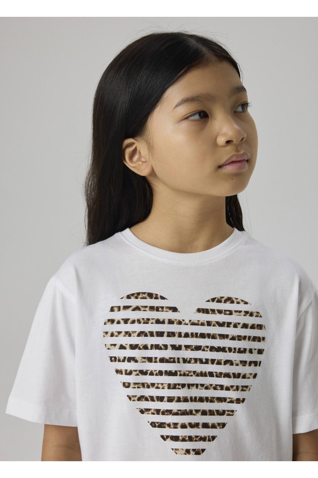 Wit en bruine meisjes NAME IT KIDS T-shirt van katoen met printopdruk, korte mouwen en ronde hals
