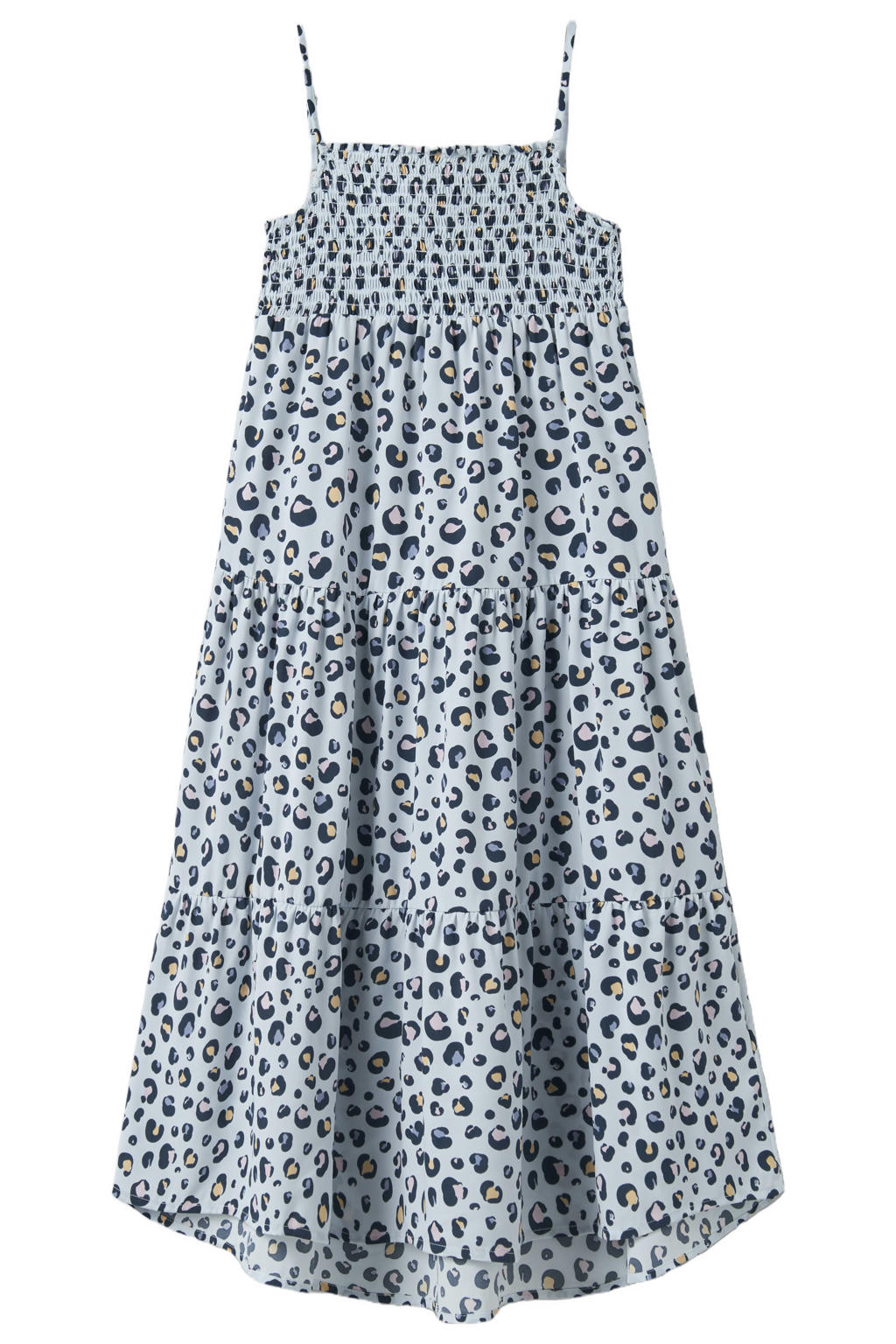 Lichtblauw en donkerblauwe meisjes NAME IT KIDS maxi jurk van polyester met dierenprint, spaghettibandjes en vierkante hals