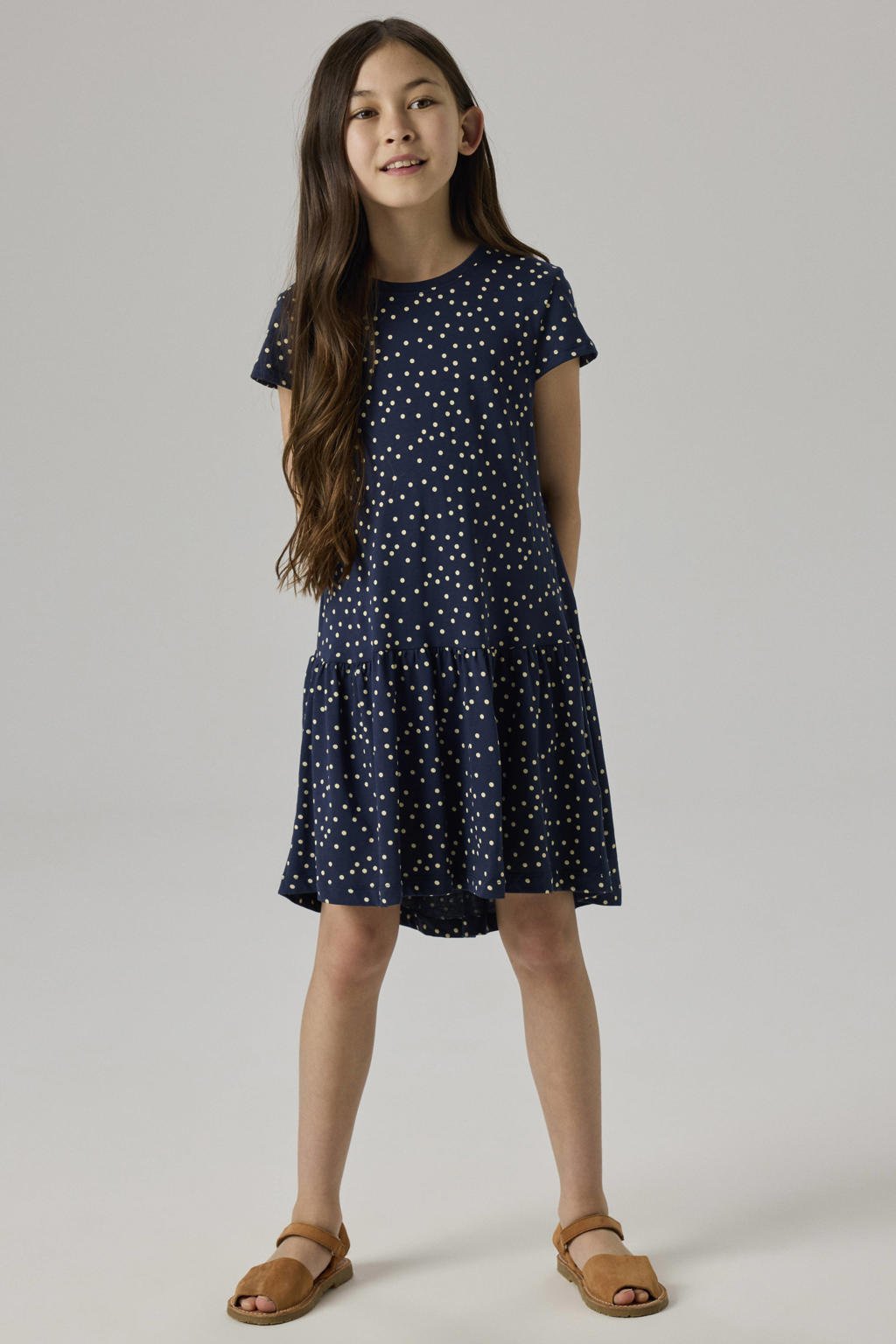 Donkerblauw en ecru meisjes NAME IT KIDS korte jurk van katoen met stippenprint, korte mouwen en ronde hals