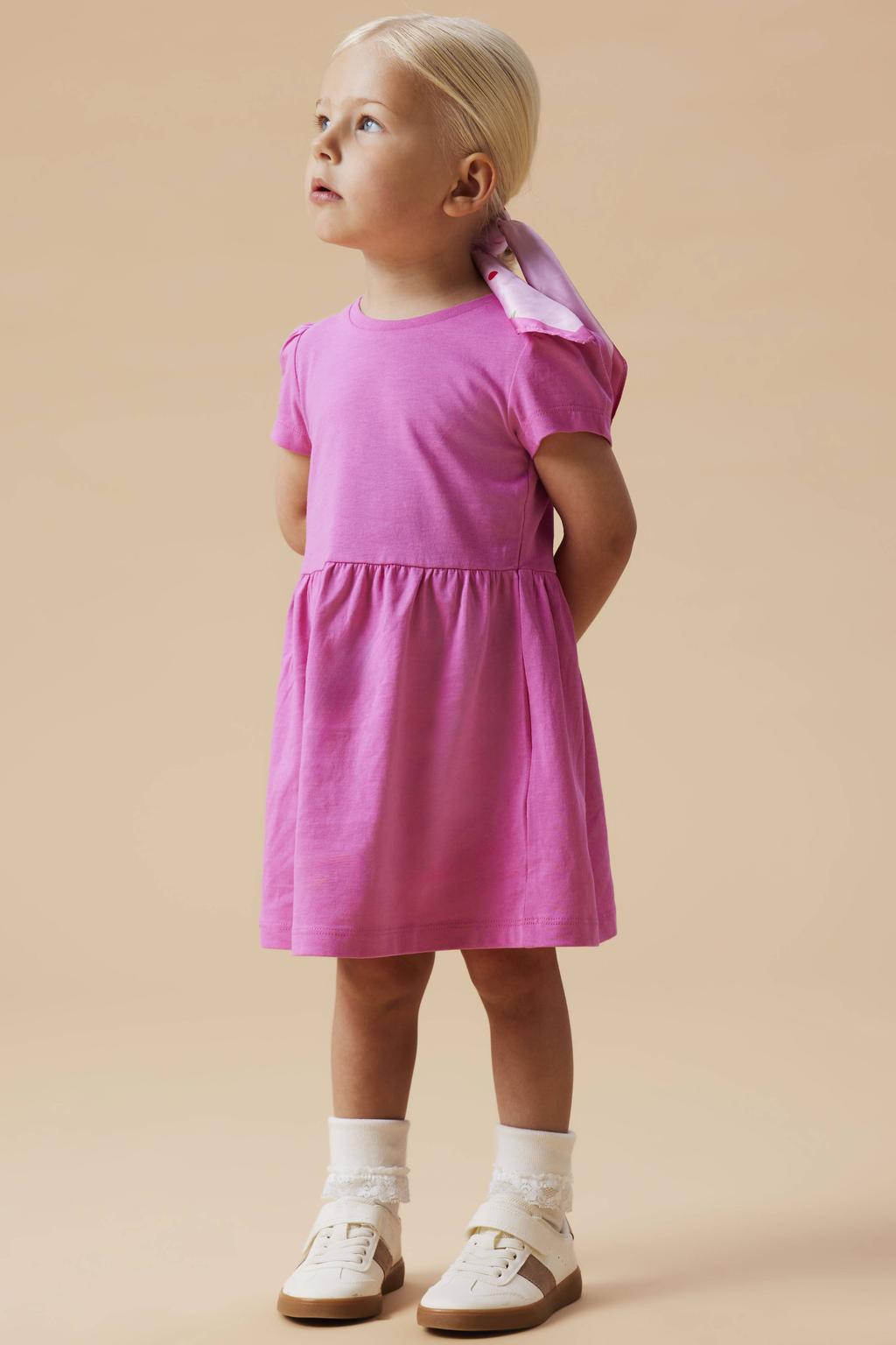 Roze meisjes NAME IT MINI midi jurk van katoen met effen, korte mouwen, ronde hals en plooien
