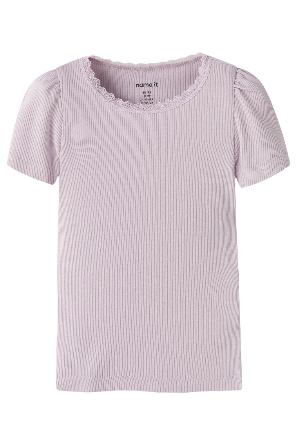 Lilakleurige meisjes NAME IT MINI T-shirt rib gebreid Lila van stretchkatoen met effen, korte mouwen, ronde hals en kant