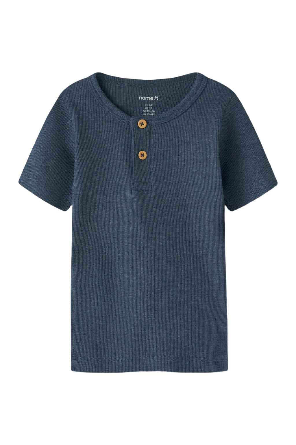 Blauwe jongens NAME IT MINI T-shirt rib gebreid indigo van stretchkatoen met effen, korte mouwen en ronde hals