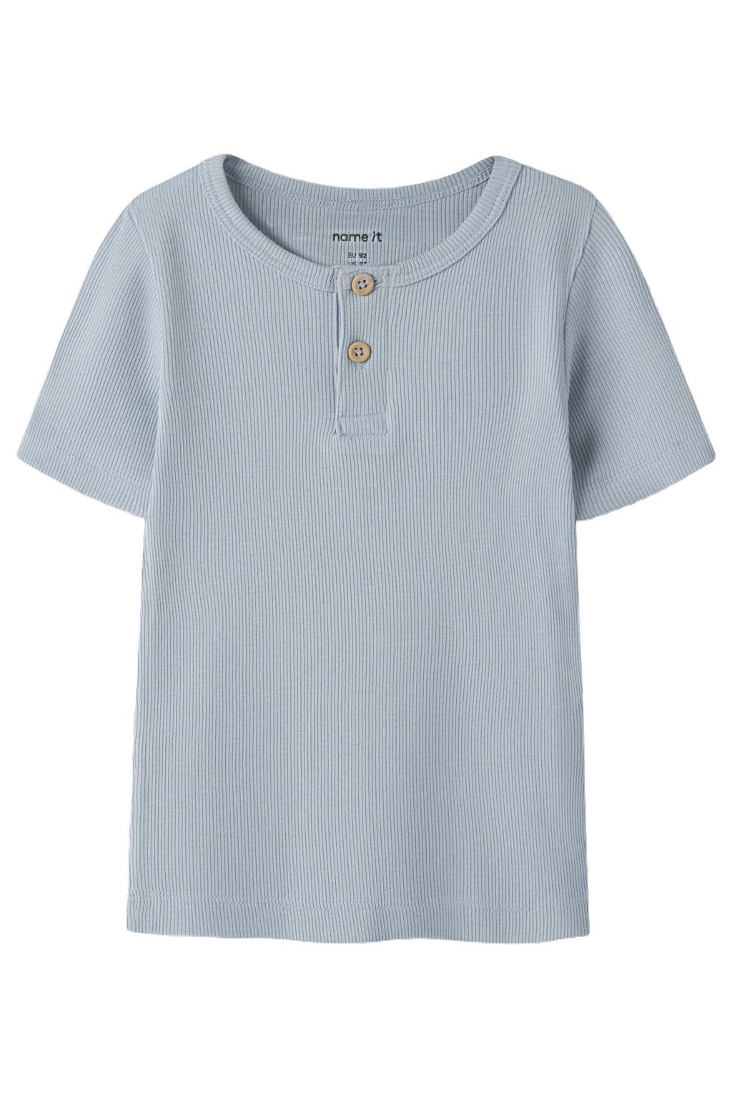 Lichtblauwe jongens NAME IT MINI T-shirt rib gebreid van stretchkatoen met effen, korte mouwen, ronde hals en knoopsluiting