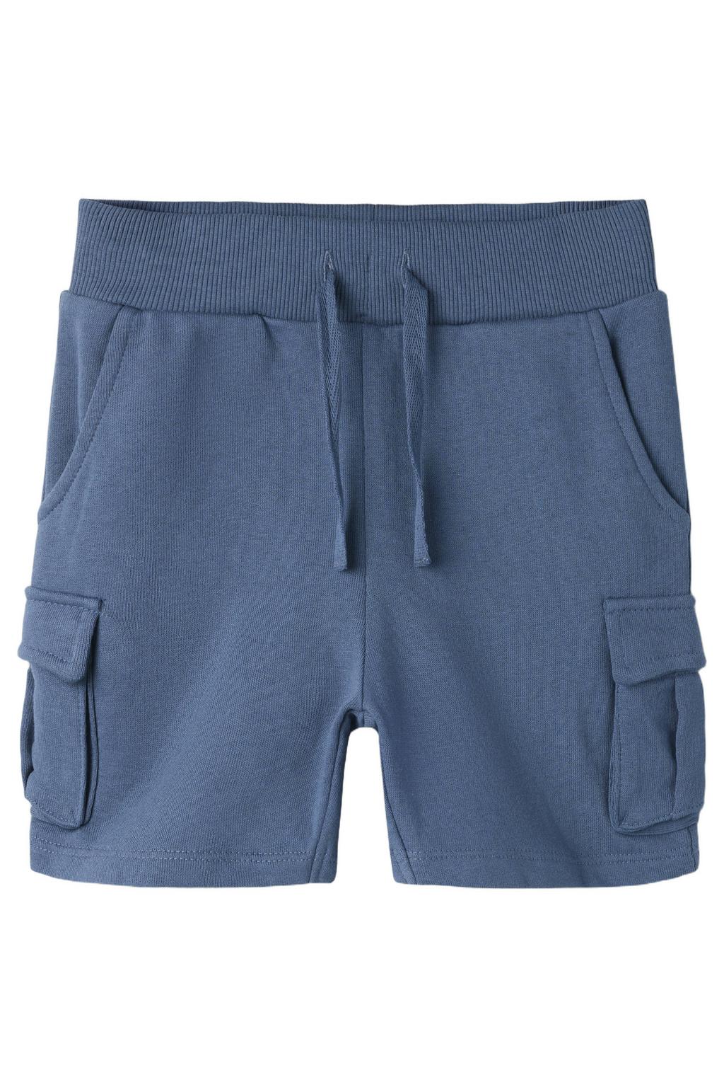 Blauwe jongens NAME IT MINI regular sweatshort indigo van katoen met elastische tailleband met koord en effen