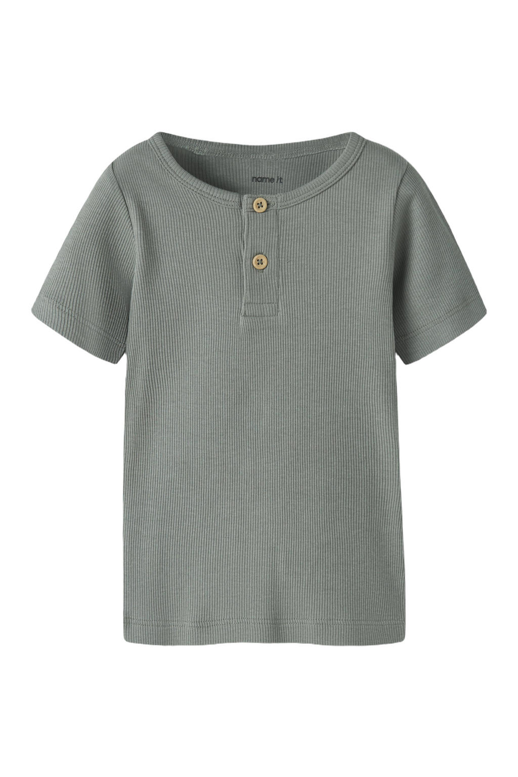 Grijsgroene jongens NAME IT MINI T-shirt rib gebreid groen met effen, korte mouwen en knoopsluiting