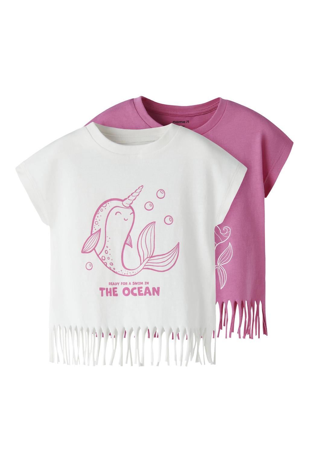 Roze meisjes NAME IT MINI T-shirt van katoen met printopdruk, korte mouwen, ronde hals en franjes