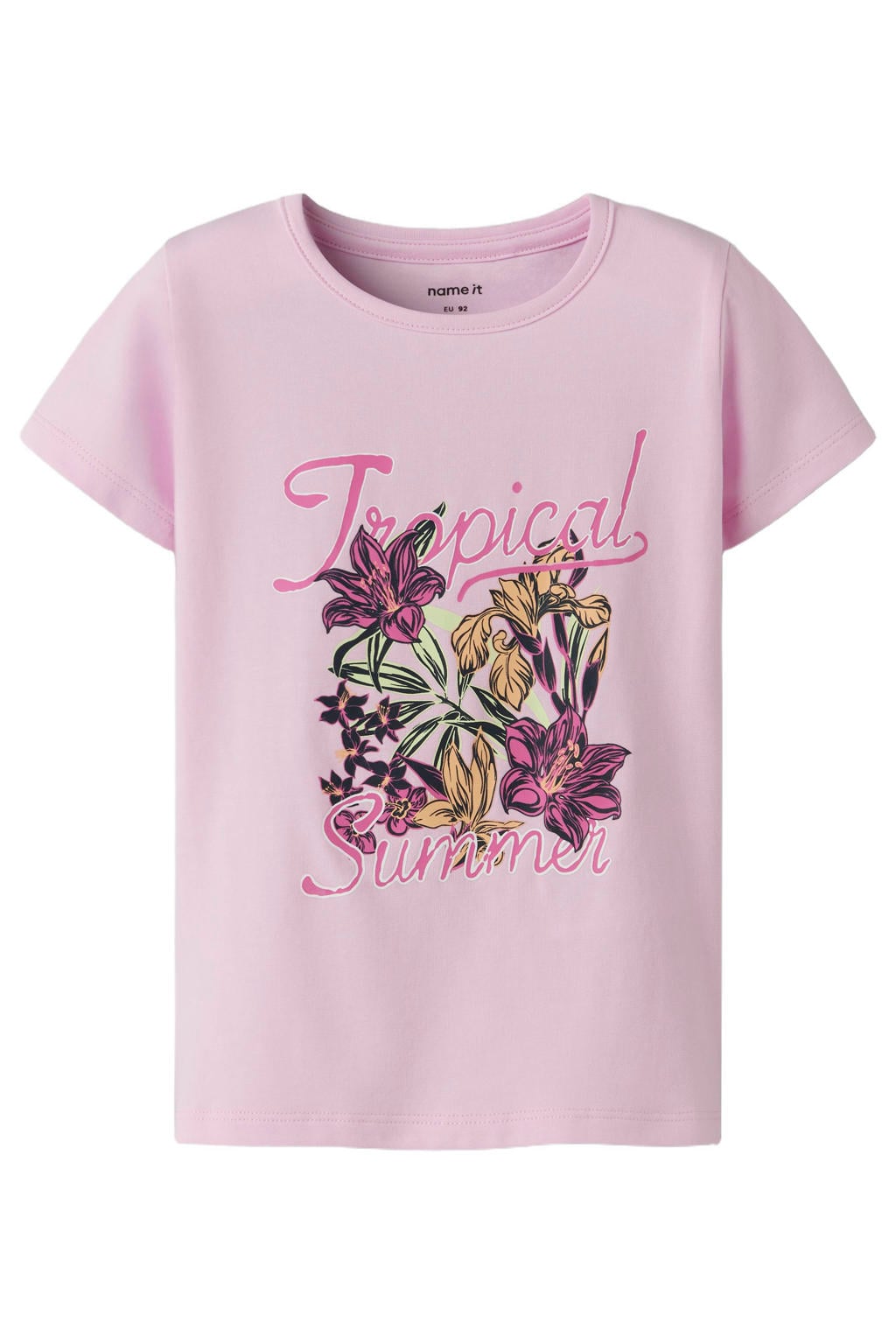 Lichtroze meisjes NAME IT MINI T-shirt van stretchkatoen met printopdruk, korte mouwen en ronde hals