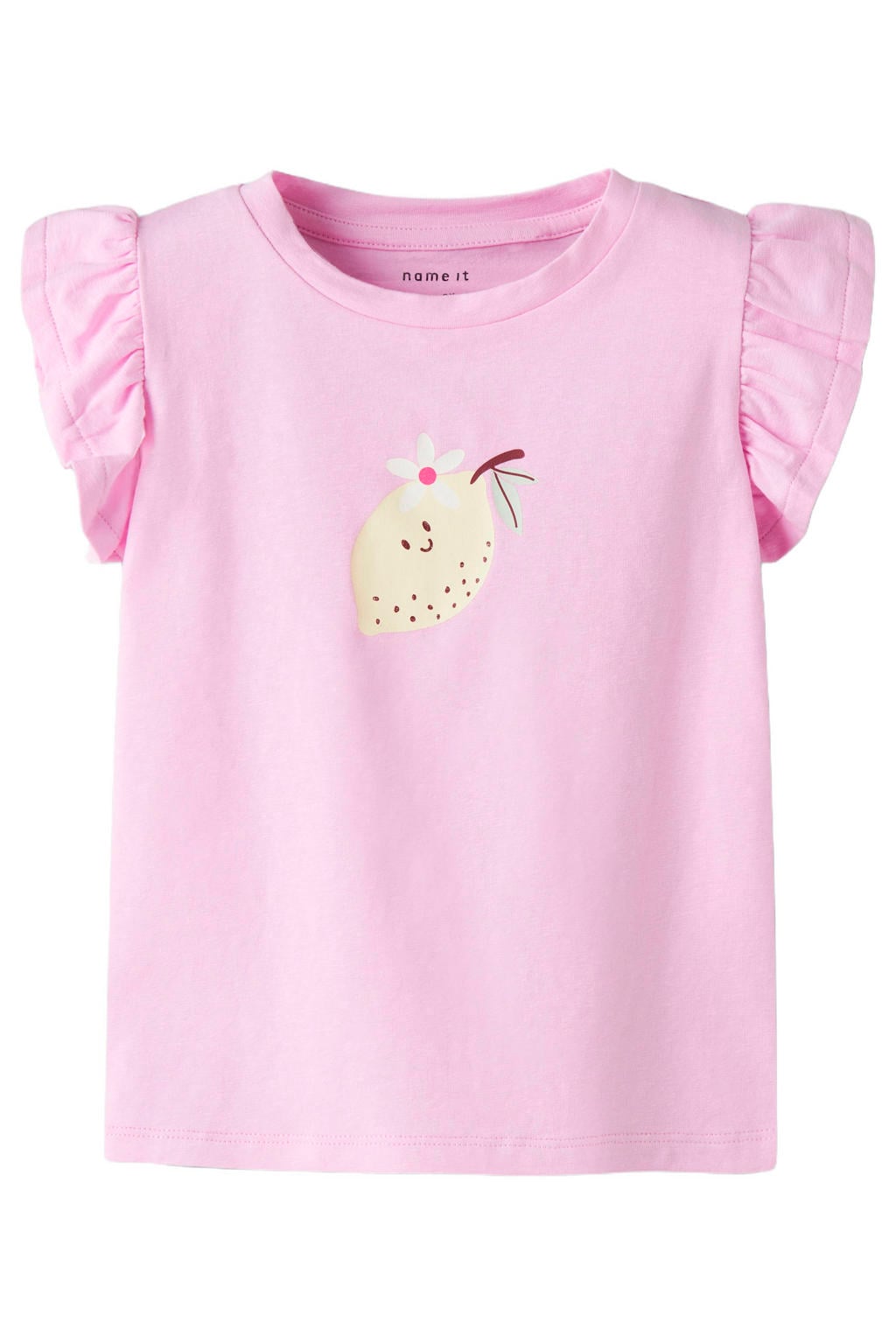 Roze meisjes NAME IT MINI T-shirt van stretchkatoen met printopdruk, korte mouwen, ronde hals en ruches