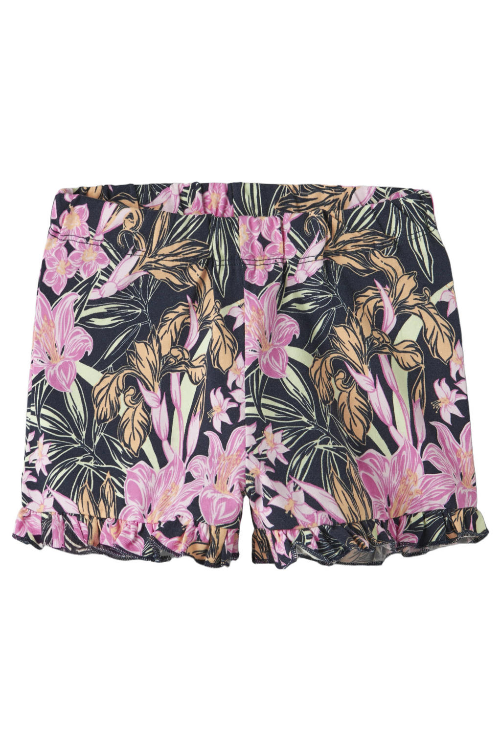 Donkerblauw, roze en groene meisjes NAME IT MINI regular gebloemde casual short van stretchkatoen met elastische tailleband