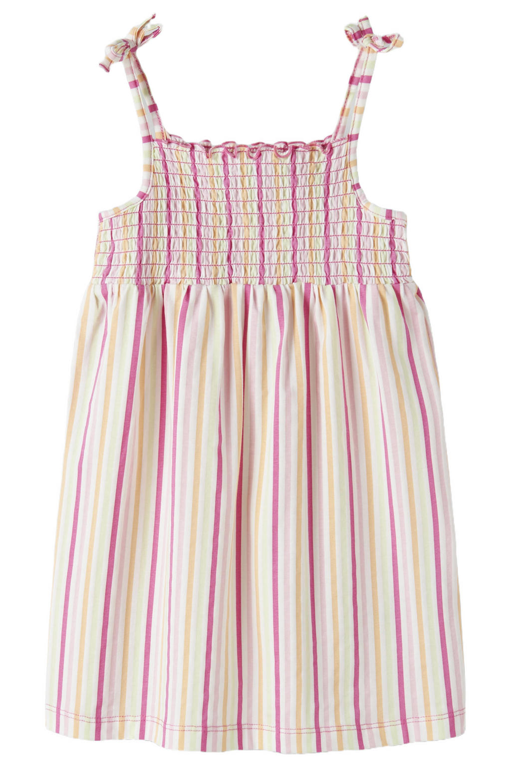 Roze, geel en witte meisjes NAME IT MINI gestreepte zomerjurk van stretchkatoen met spaghettibandjes, vierkante hals en smockwerk