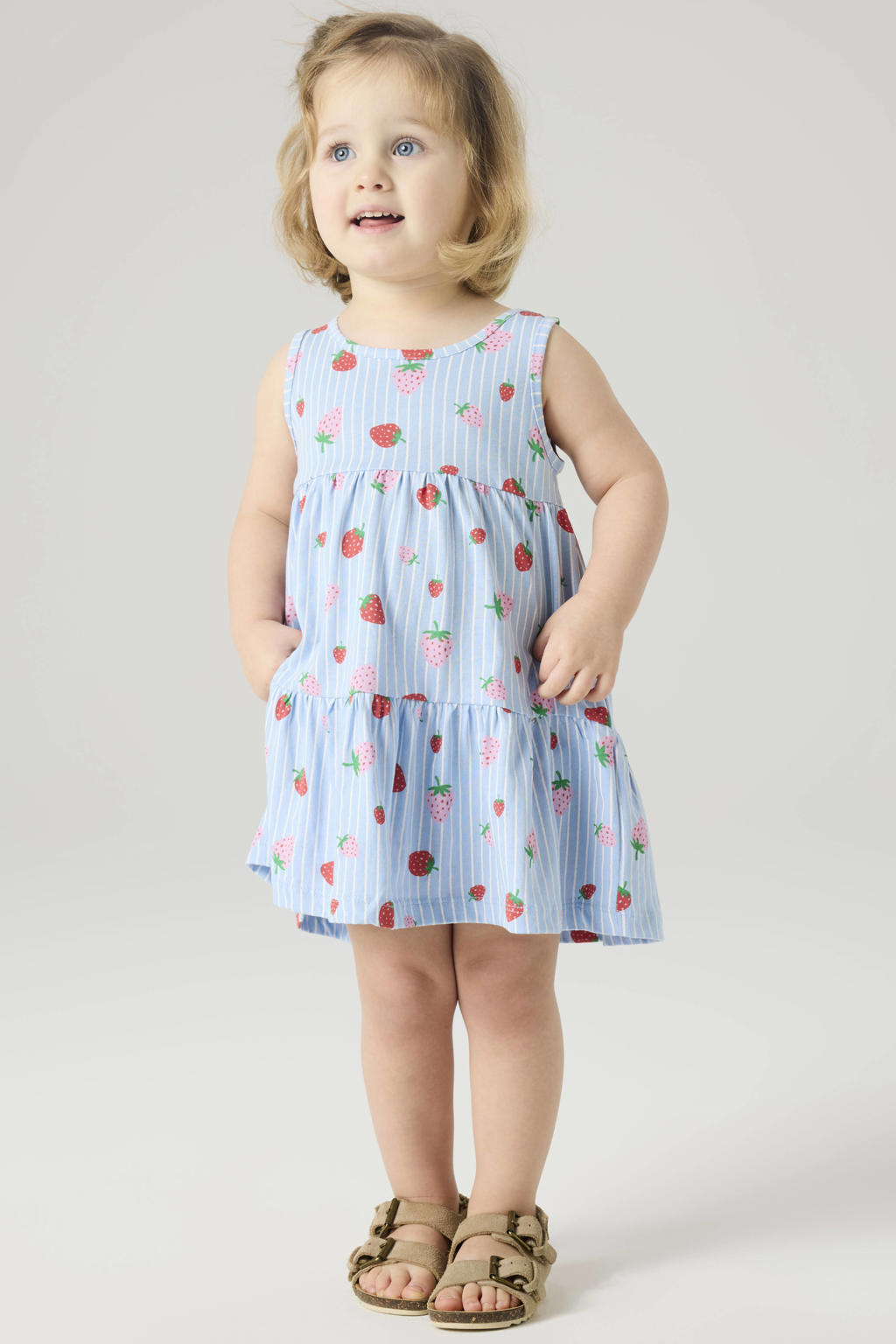 Lichtblauw, rood en roze meisjes NAME IT MINI gestreepte zomerjurk van katoen met ronde hals