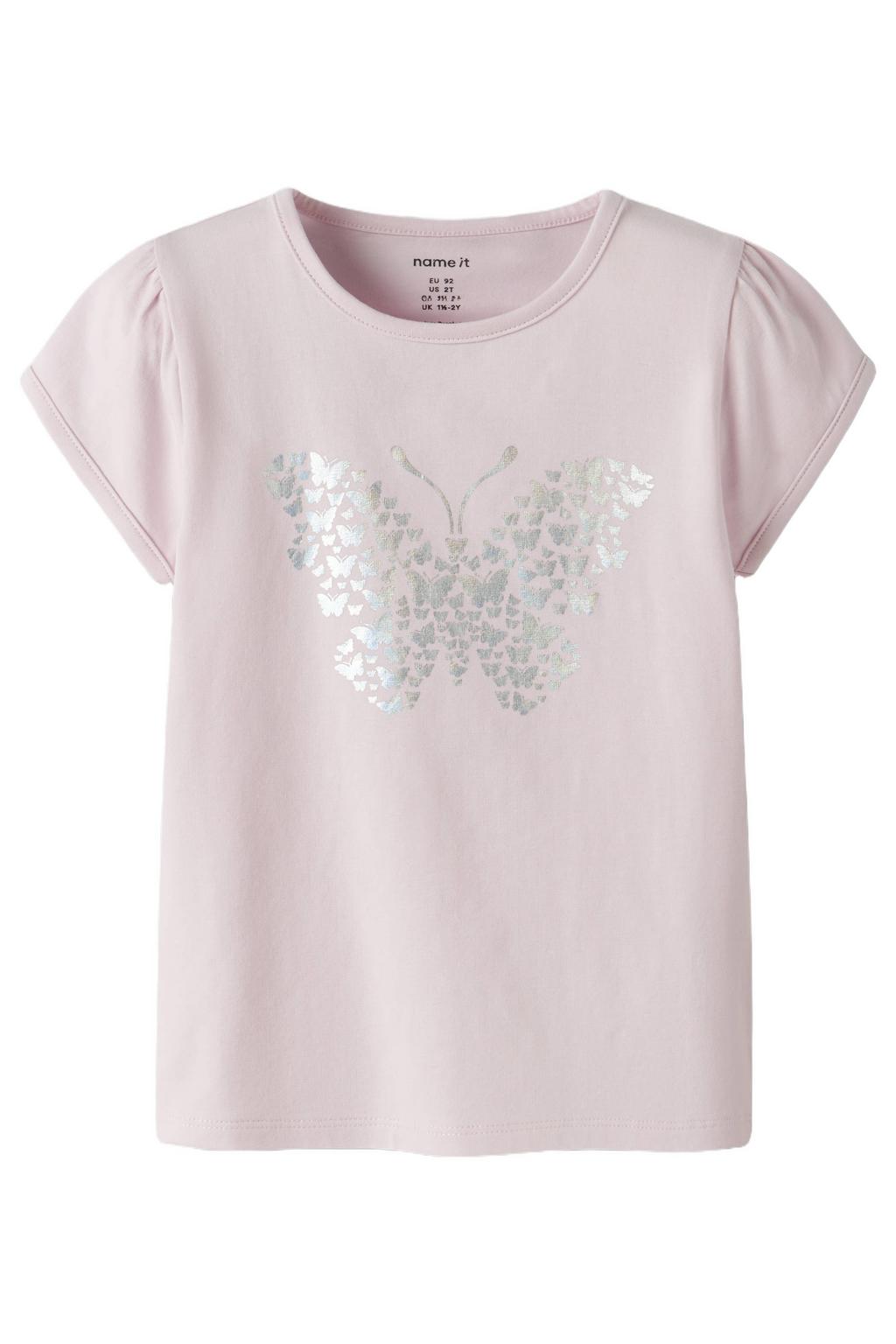 Lichtroze meisjes NAME IT MINI T-shirt van stretchkatoen met printopdruk en korte mouwen