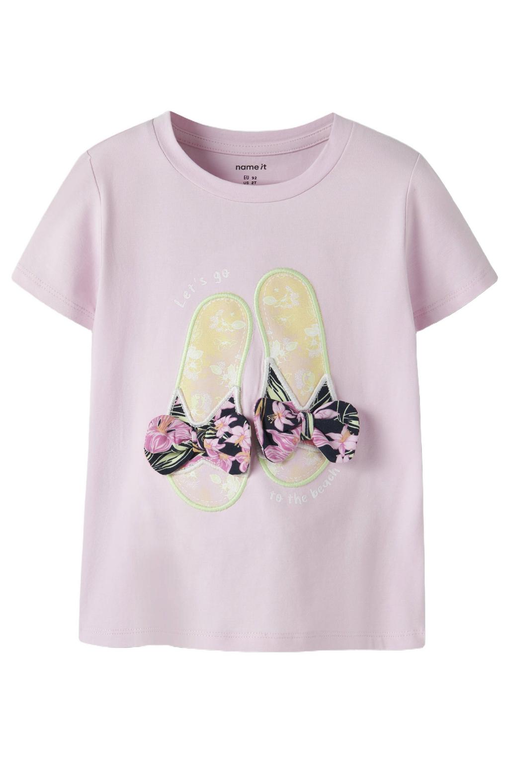 Lichtroze meisjes NAME IT MINI T-shirt van stretchkatoen met printopdruk, korte mouwen, ronde hals en 3D applicatie