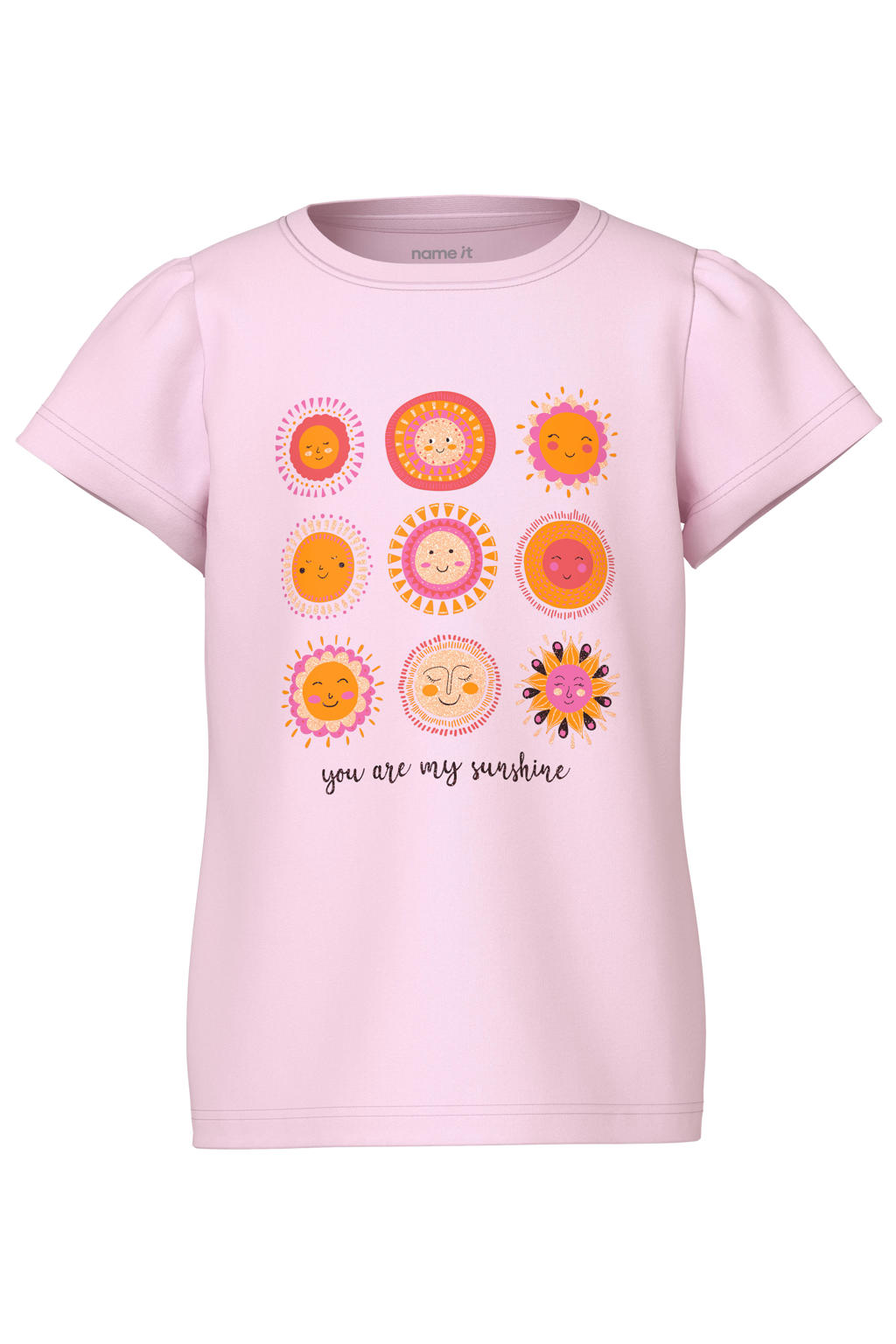 Roze en oranje meisjes NAME IT MINI T-shirt van katoen met printopdruk, korte mouwen en ronde hals