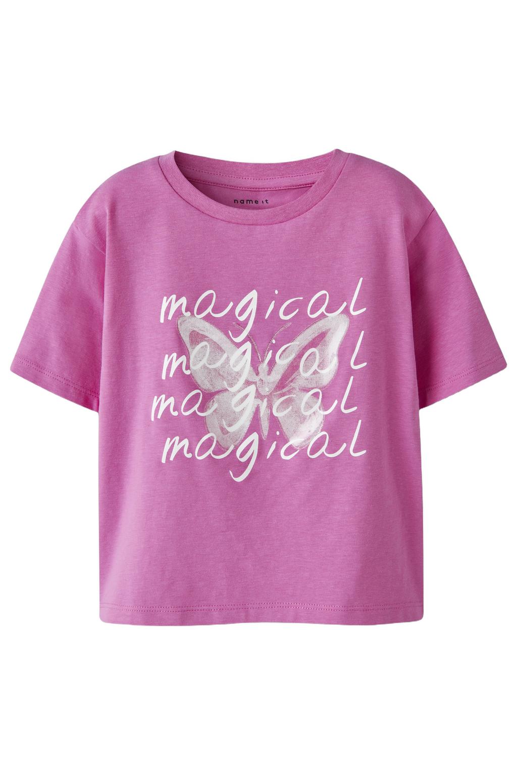 Roze meisjes NAME IT MINI T-shirt van stretchkatoen met printopdruk, korte mouwen en ronde hals