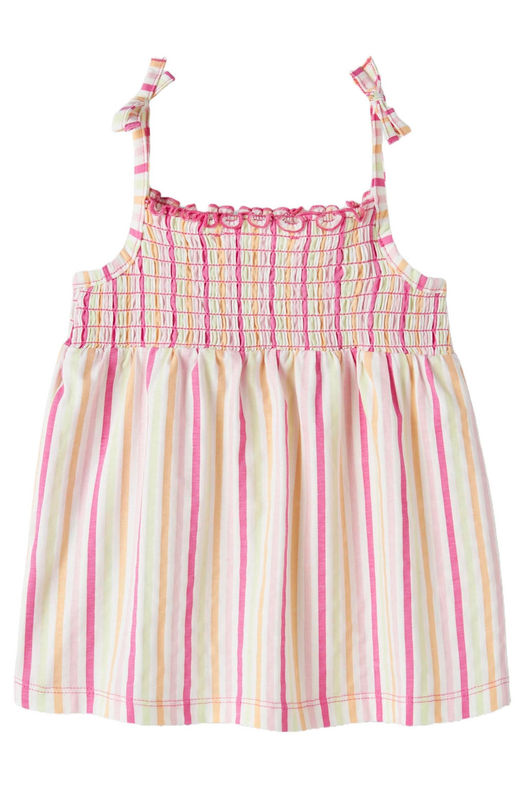 Roze, geel en witte meisjes NAME IT MINI gestreepte mouwloze top met spaghettibandjes, vierkante hals en smockwerk