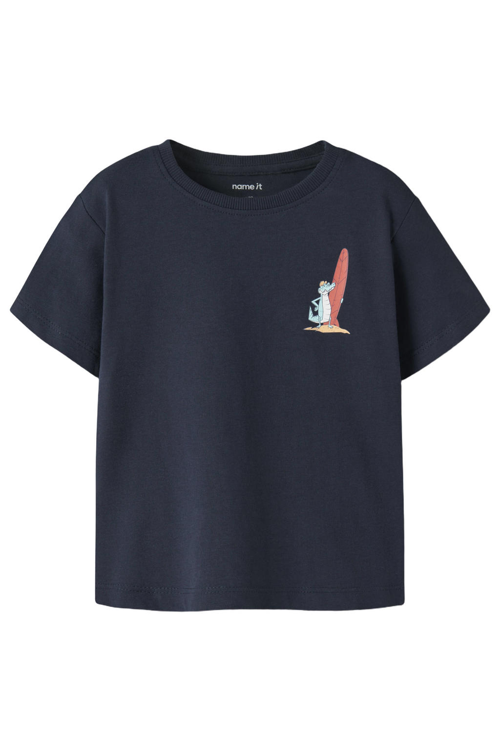Donkerblauwe jongens NAME IT MINI T-shirt van katoen met printopdruk, korte mouwen en ronde hals